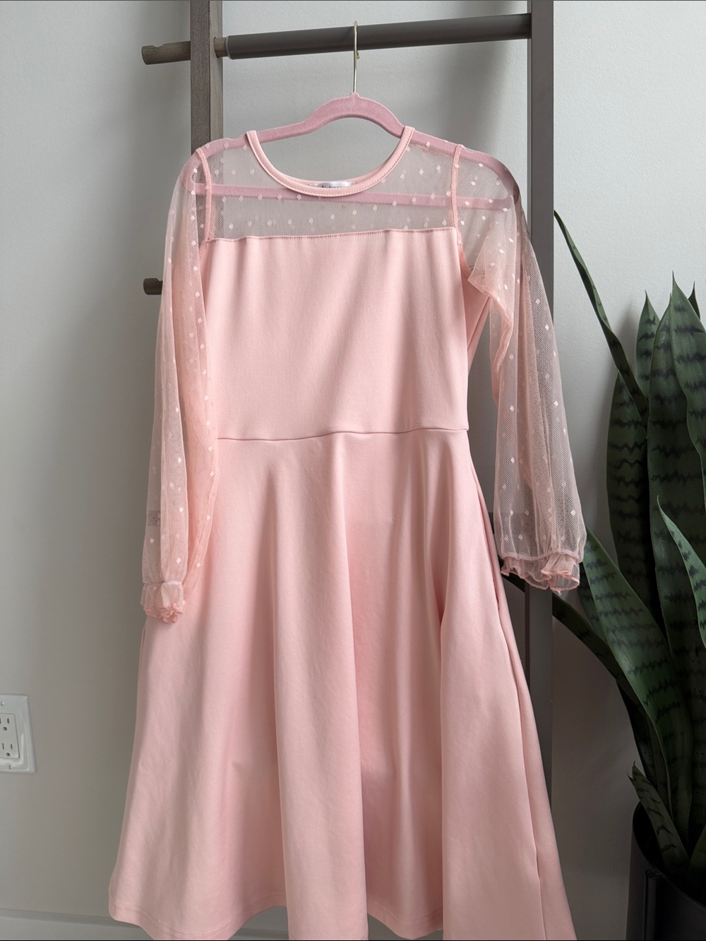 Girls' Pink Mesh Sleeve A-Line Dress